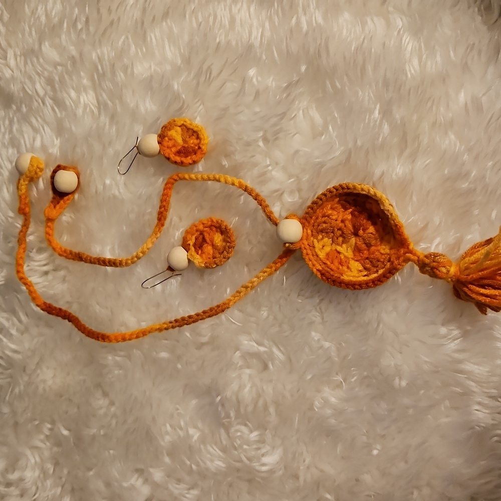 Handmade Orange Crochet Necklace and Earring Set Hand Knit Fall Jewelry beaded - Picture 10 of 17